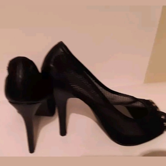 Dots Black Mesh w Vegan Leather Peep Toe Heels - Picture 6 of 6